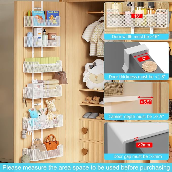 Hongtamoya Over The Door Organizer, Metal Hanging Door Organizer with 6 Adjustable Baskets and 5 Hooks, Behind The Door Storage for Closet Cabinet Kitchen Bathroom Bedroom Pantry Door Organizer, White - Image 3