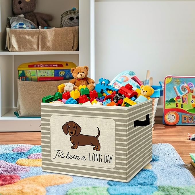 Rustic Dachshund Storage Bins Boxes with Handles | toys books clothes, it's been a long day grey striped nursery foldable basket for organizing bedroom toddler room playroom - Image 2