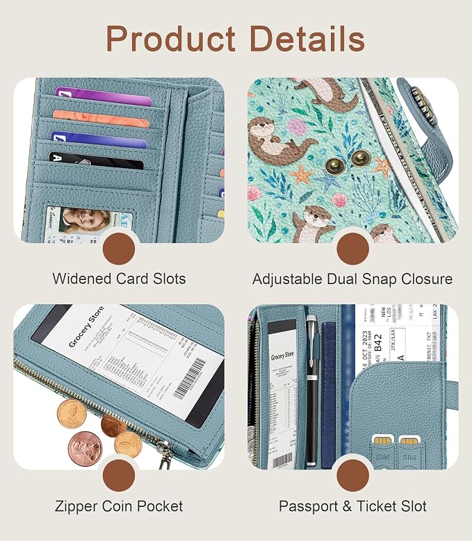 Otter Wallet Women RFID, Cute Passport Holder, Credit Card Holder | 6.7" x 4.4" x 1.3" Bifold, Travel billfold, Zipper Pocket, PU Leather, Clutch, Purse, ID Window, Pen Holder, Gift Ladies Girl - Image 6