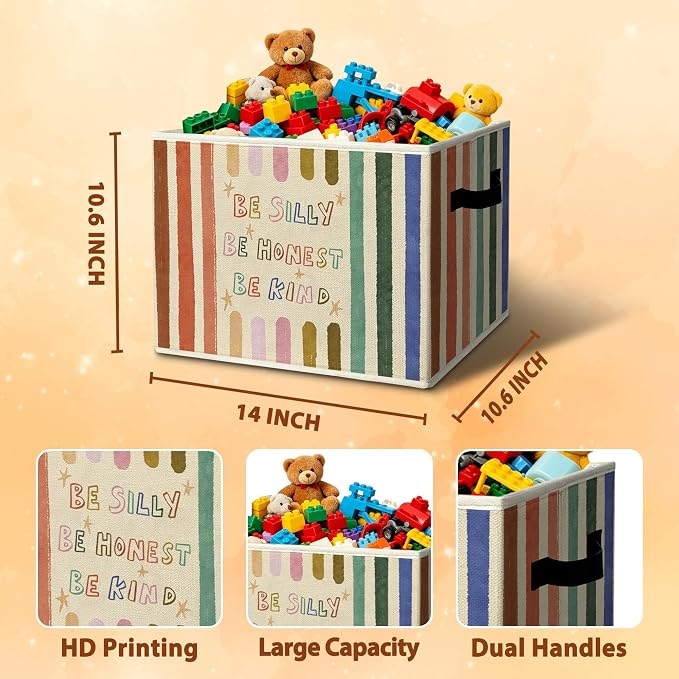 Rustic Inspirational Storage Bins & Boxes with Handles, Toys Books Clothes, Be Silly Honest Kind Colorful Striped Nursery Foldable Basket for Organizing Bedroom Toddler Room Playroom - Image 3