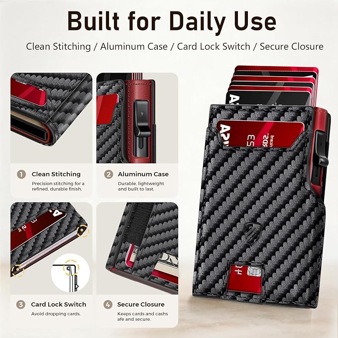 RUNBOX Wallet for Men, RFID Blocking Pop-Up Card Holder, Black+RED | Minimalist Aluminum Smart Wallet with ID Window, Compact Credit Card Holder, Stretchable Cash Slot, Birthday Gift for Men - Image 7