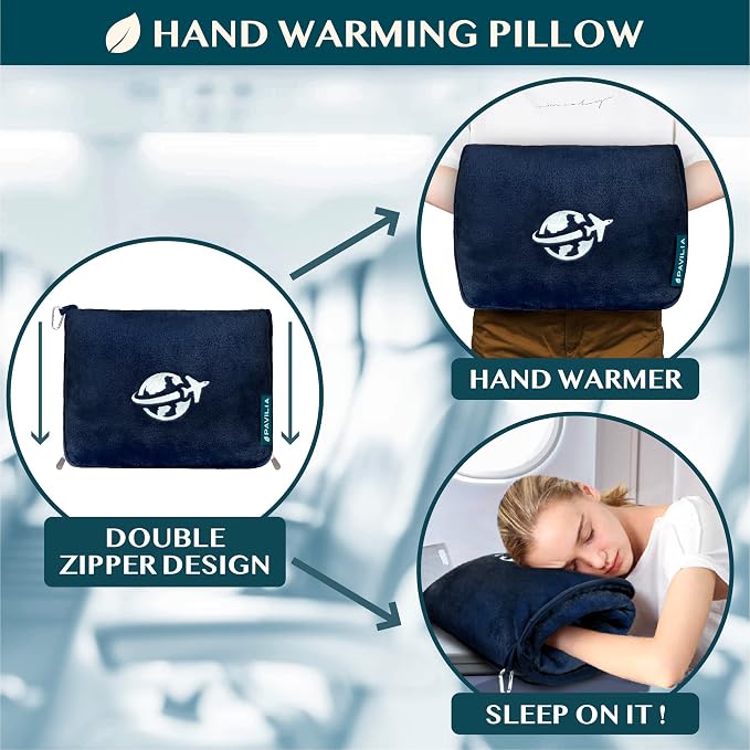 PAVILIA Travel Blanket and Pillow, Arms Opening Airplane Blankets for Adults, Compact Plane Blanket with Arm Hole 2-in-1 Bag for Flight Car Camping Fit in Luggage Backpack Traveler Gift, Navy Blue - Image 5