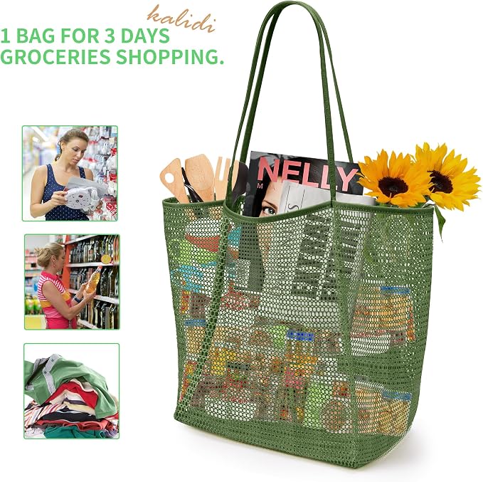 KALIDI Beach Mesh Tote Bag, Casual MAX 23L Summer Foldable Hobo Bag Women | Sandproof Widen Strap Large Shoulder Bag For Lake Pool Vacation Travel Picnic Grocery Market Shopping Carrier - Image 4