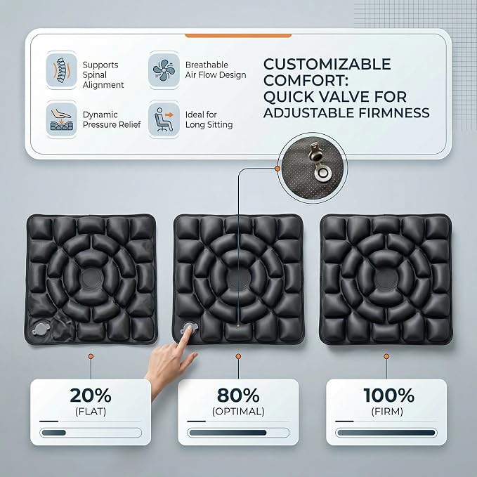 Inflatable Seat Cushion, Donut Cushion for Office Chair, Car & Wheelchair, Ergonomic Pressure Relief for Tailbone & Sciatica, Adjustable Firmness, Non-Slip Seat Pad for Long Sitting - Image 3