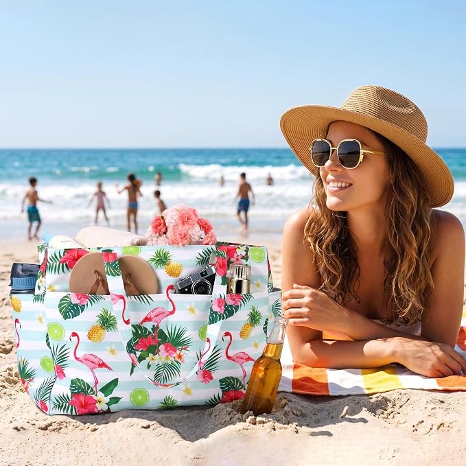 JATEBI Beach Bag with Makeup Pouch for Women | Waterproof Pool Tote Bags with Wet Compartment for Swim Shopping Travel, Zipper, Wet Compartment, 5 Pockets - Image 3