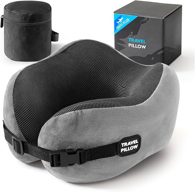 Neck Pillow Travel Pillow - 100% Pure Memory Foam Airplane Pillow with Adjustable Clasp & Removable Cover, Portable Travel Essentials for Long Flights, Car & Office (Light Gray) by PEUJEW