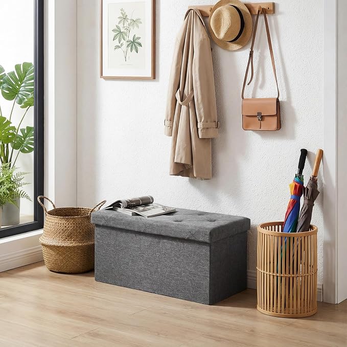 DUMOS 30 Inch Foldable Storage Ottoman Bench, Gray Ottoman with Storage | End of Bed Foot Stool with Foam Padded Seat, Linen Fabric Hidden Storage Chest for Bedroom, Living Room, Loads 660 LBS - Image 7