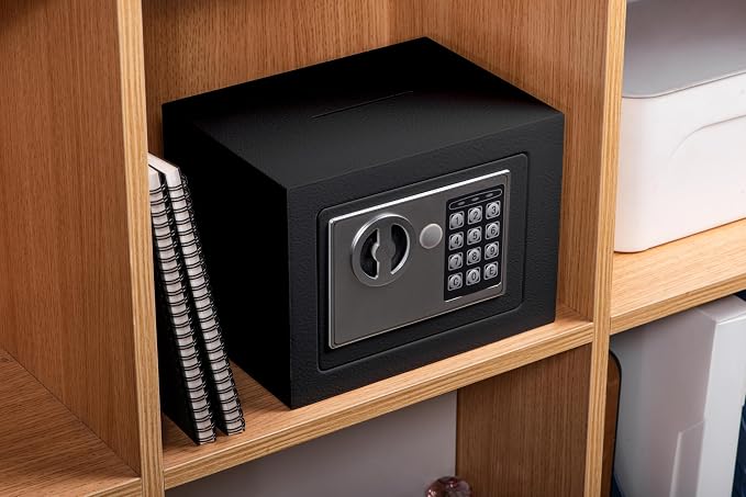 Small Electronic Safe Box With Digital Keypad & Keys - 9.05 x 6.7 x 6.7 Inches Wall Safe 0.23Cuft Mini Security Box for Coin Home Office Hotel Rooms Business Jewelry Gun (Black) - Image 3