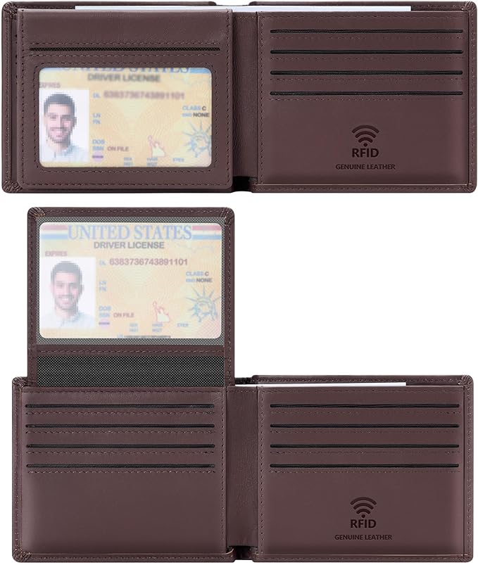 Travelambo Genuine Leather Wallet for Men with Gift Box - Handmade Bifold Stylish - Mens Wallets Rfid Blocking with 2 ID Windows by Travelambo