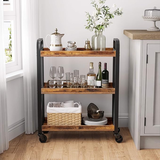 VASAGLE 3-Tier Narrow Storage Cart, Rolling Cart with Wheels, Steel Frame | Slim Storage Cart for Kitchen, Adjustable Feet, Traditional Basic Style, Rustic Brown and Black, DACEY Collection ULRC66BX - Image 2
