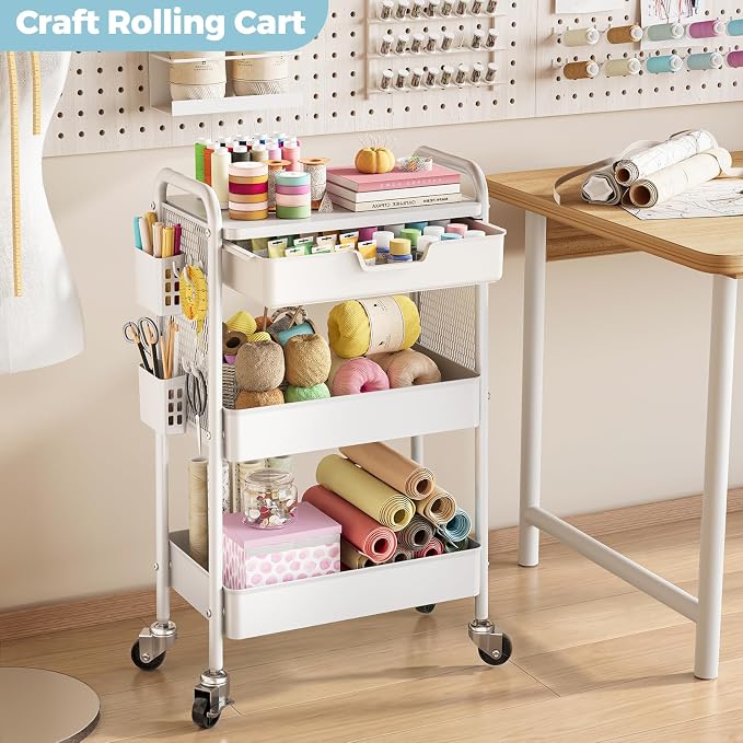KINGBOARD 3 Tier Metal Rolling Cart with Drawer, White Utility Storage Cart | 2 Cups & 4 Hooks, Lockable Wheels, Trolley Organizer for Bathroom, Kitchen, Office, Nursery, Dorm, Laundry, Craft Room - Image 7