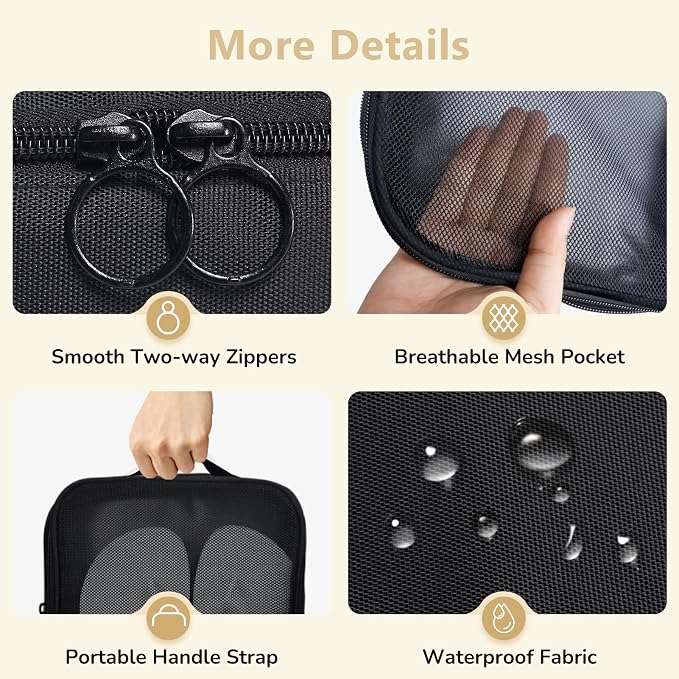 Black Shoe Bag for Travel, 2 Layers Waterproof Shoes Organizer | Holds 3 Pairs,Trolley Strap,Easy Clean Lining,Leak Proof,Dual Zippers - Image 5
