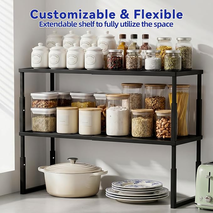 2 Packs Expandable Cabinet Shelf Organizer, Stackable Countertop Shelves | 15.8''- 25.5'' In Cabinet Shelf, Adjustable Kitchen Cabinet Organizer for Pantry Organizer, CupBoard Organizers and Storage - Image 3