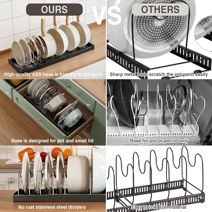Magheo Expandable Food Storage Container Lid Organizers, 22" Pots and Pans Organizer Under Cabinet with 9 Adjustable Dividers Pot and Pan Lid Holders Rack Inside Cabinet(Black,1 Pack) - Image 5