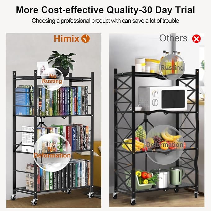 Himix 4-Tier Foldable Storage Shelf with Wheels 20 Hooks Black No Assembly | Metal collapsible organization, Folding storage rack, Wire shelving, Unit Rolling Cart, Kitchen, Garage, Holds 352 Ibs - Image 7