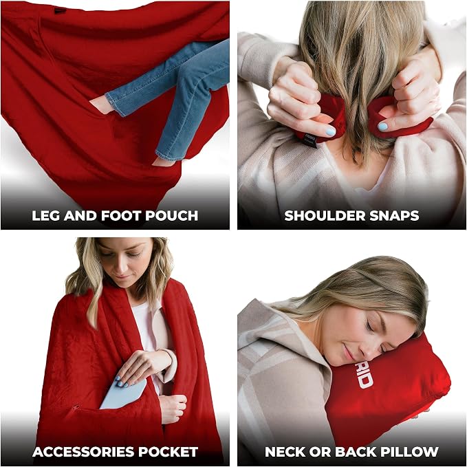 Zero Grid Lightweight Airplane & Travel Blanket with Foot Pockets, Red | Compact Wearable Blanket with Neck Snaps, Zips & Converts to Soft Pillow for Ultimate Comfort - Image 4