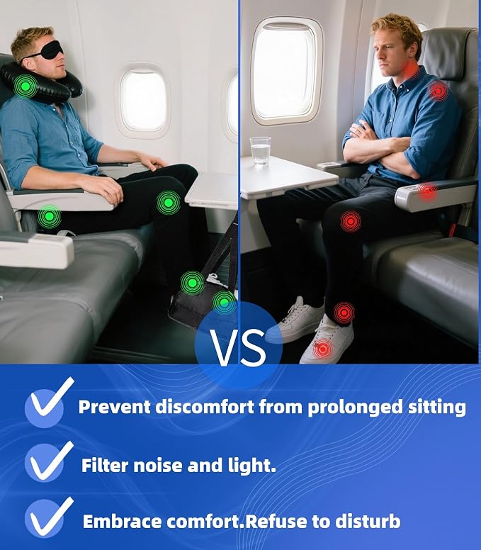 Portable Ultimate Comfort Set for Plane Sleep Kit at Plane Inflatable Travel Pillows Foot Rest Hammock Eye Mask Ear Plugs for Airplane Essentials for Seat Airplane Gadgets for Sleep Comfort (F) - Image 3