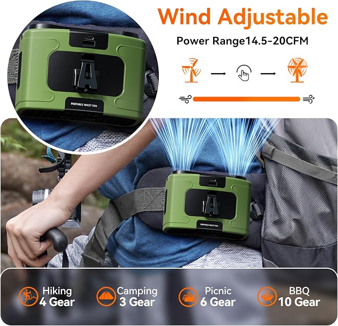 Doublepow 10000mAh Portable Waist Fan, Personal Dual Waist Fan, Clip On Belt Hanging Neck, Dual Motor 20H&10 Speed 16000RPM Strong Airflow, USB Rechargeable Fans, for Outdoor Work Travel(K60-Green) - Image 4