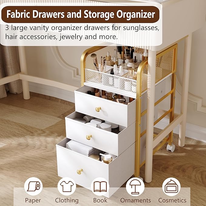 Rolling Makeup Organizer Cart with 3 Drawers Under Desk Storage | Vanity Cart Bathroom Storage Cart Cosmetic Vanity Display Cases Holder for Nail Polish Brush Hair Tool - Image 3