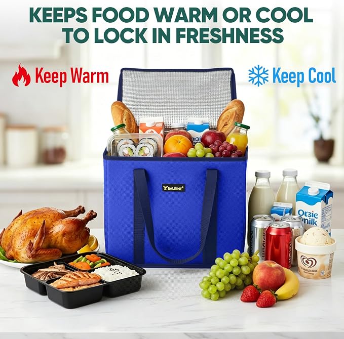 BALEINE 1PK Insulated Reusable Grocery Bag, Heavy Duty Shopping Tote | Foam & Foil Insulation, 9" Long Handles, Reinforced Bottom Keeps Upright, Fold Flat Storage, Water-Resistant Shopping Bag - Image 4