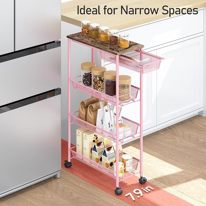KINGRACK 4-Tier Slim Storage Cart, Metal Rolling Cart, Organizer with Wooden Tabletop and Drawer Basket, Mobile Shelving Unit for Kitchen, Bathroom, Laundry Room, Pink - Image 5
