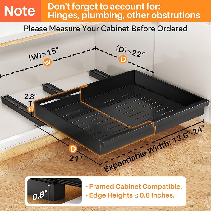 Pull out Cabinet Organizer, 1-Pack Expandable(13.6"-24") Silde out Drawers with Raising Pad for Framed Cabinets, Adjustable Full-Extension Adhesive Roll out Shelves for Kitchen Pantry Home Pot and Pan - Image 3