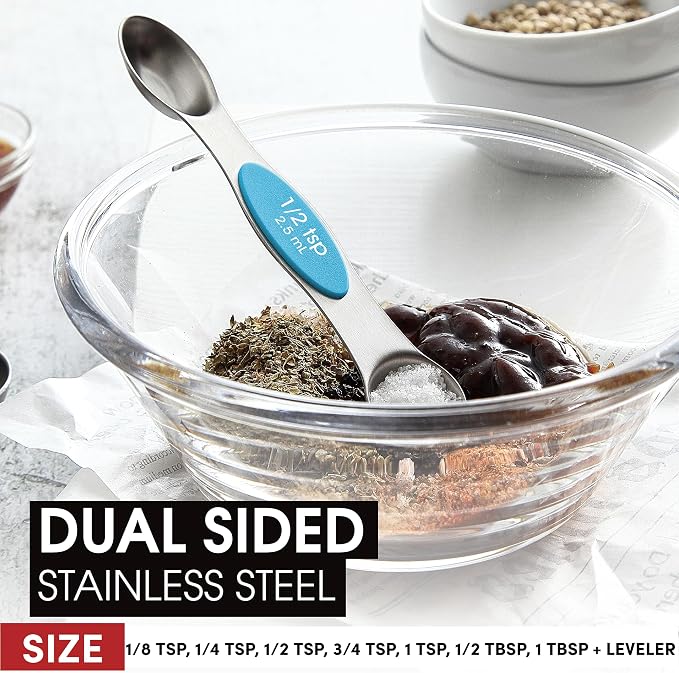 Spring Chef Stainless Steel 8 Magnetic Measuring Spoons for Kitchen, Teal | Dual Sided Metal Teaspoon & Tablespoon Measuring Spoons with Leveler for Dry & Liquid Ingredients, Stackable, Dishwasher Safe - Image 3