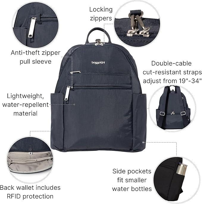 Baggallini Securtex® Anti-theft Vacation Travel Backpack 10x13 Slash-Resistant Nylon Daypack w/RFID, French Navy - Image 3