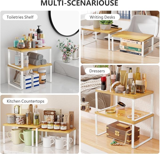 Simple Trending Bamboo Cabinet Organizer Shelf, Set of 4 Kitchen Counter Shelves, Stackable Expandable Spice Rack Pantry Cupboard Organizer, White and Natural - Image 7