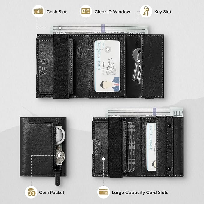 VULKIT Mens Wallet RFID Blocking Leather Compact Trifold with Zippered Coin Pocket, ID Window and Business Card Holder Black - Image 2