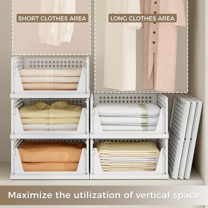8 Pack Closet Organizer Storage Bins Stackable Plastic Drawer Shelf | Basket for Clothing Stackable Storage Bins Shelf Storage Container for Closet Wardrobe Bedroom Bathroom Office White Foldable - Image 4