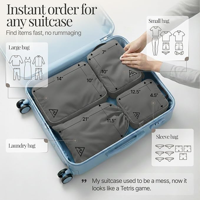 8 pcs Compression Packing Bags Cubes Set with HybridMax Double-Capacity Design - Packing Cubes for Travel Compression to Maximize Limited Luggage Space, Grey - Image 3