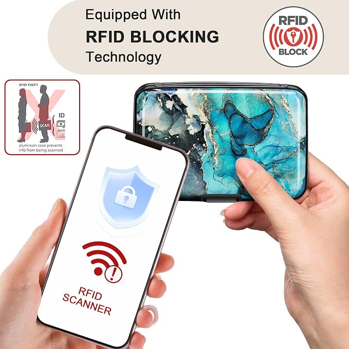 RFID Blocking Credit Card Protector Aluminum ID Case Hard Shell Business Card Holders Metal Wallet for Men or Women (Graygreen Marble) - Image 2