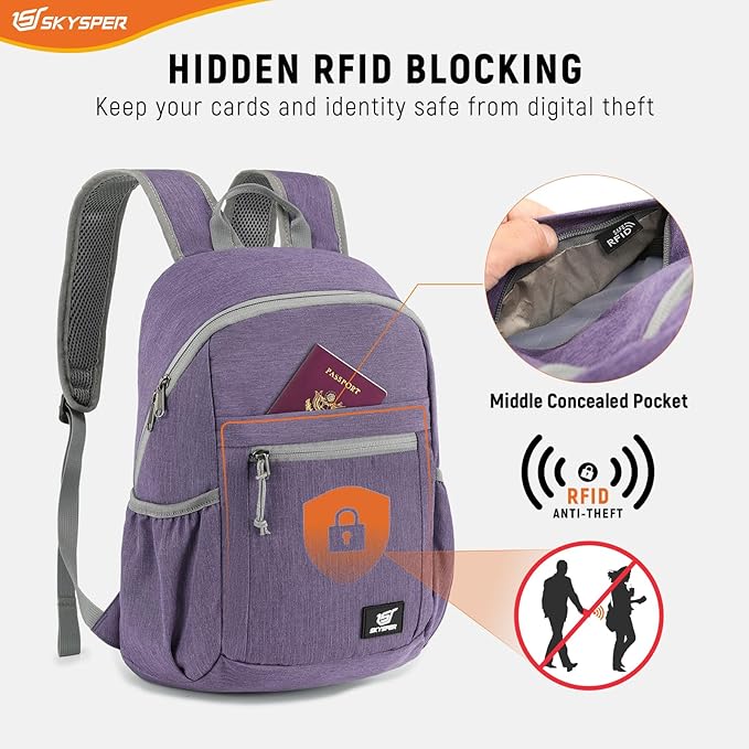 SKYSPER Anti Theft Hiking Backpack, 20L RFID Packable Travel Daypack, Lightweight Foldable Back Pack for Walking Daytrip - Image 2