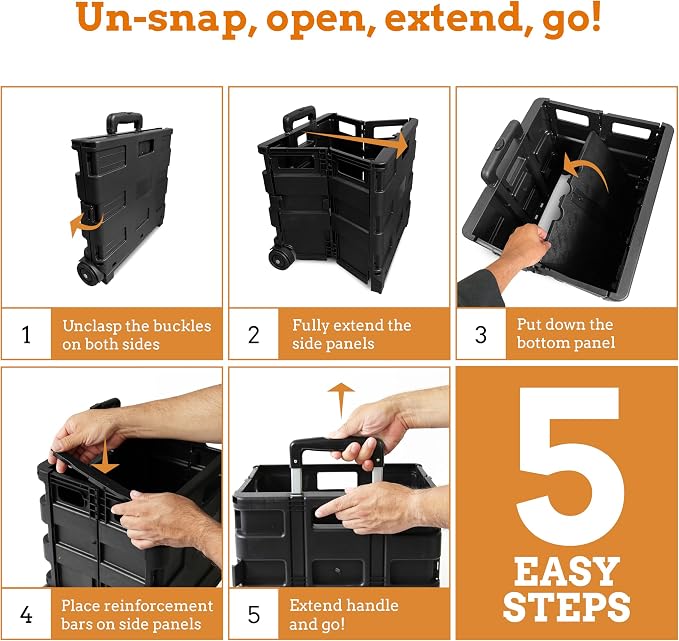 Inspired Living Collapsible Ultra-Slim Pack-N-Roll, 2 Wheel Utility Cart , With Telescopic Handle - Super Strong up to 80 Lbs Load Capacity, Black - Image 6