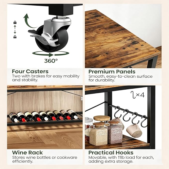 Kitchen Island with Power Outlet and Folding Top, Movable with 3-Tier Storage, Large Size, Wooden Shelves and Wine Rack, for Kitchen, Dining and Living Room, Rustic Brown and Black TZD02UBF - Image 6