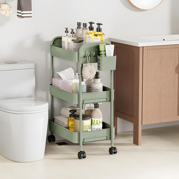 Heavy-Duty Rolling Cart 3 Tier Metal Utility Storage Cart | with Casters, Hooks & Hanging Cups, Rolling Storage Organizer for Kitchen Office Craft Snack Book - Image 4