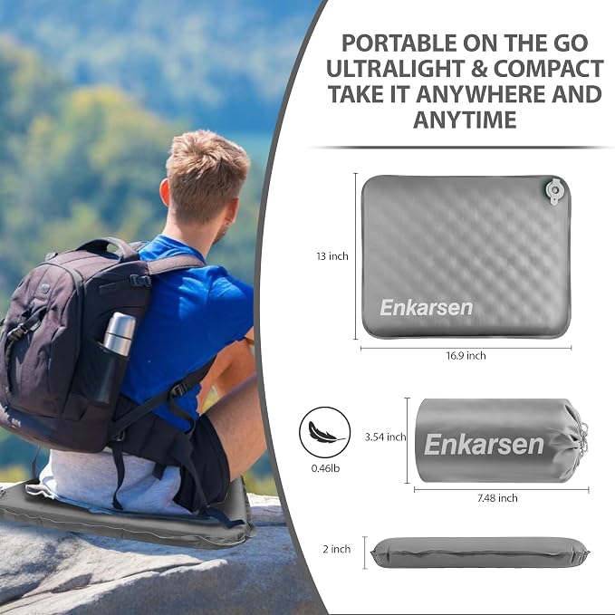 Inflatable Travel Seat Cushion – Self-Inflating Memory Foam Pad for Airplane, Stadium Bleachers, Camping, Hiking & Backpacking – Ultralight Compact & Portable Sitting Cushion (Grey) - Image 2