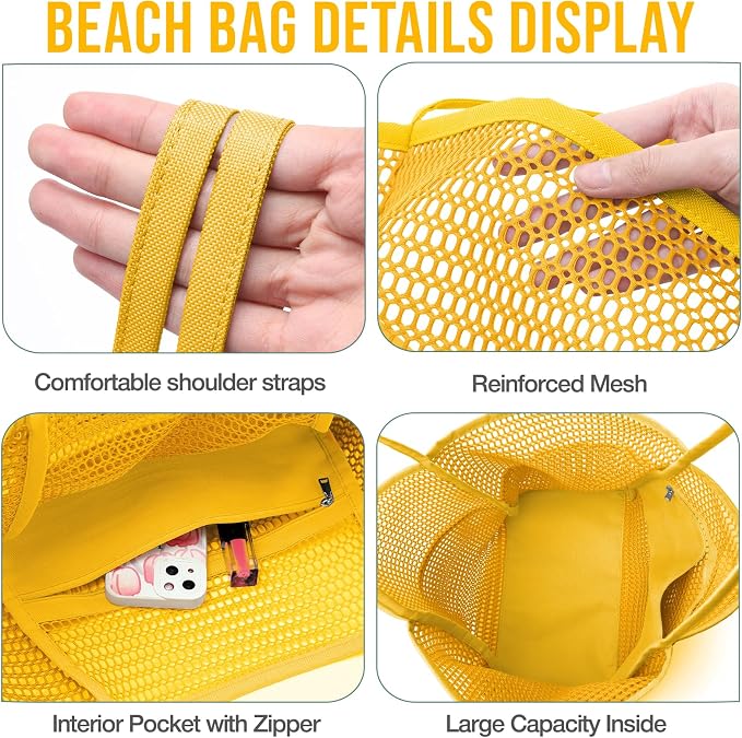 KPX Beach Bag with Mini Pocket, Summer Beach Tote Bags for Women Large Foldable Mesh Swimming Pool Travel Bags - Sandproof - Image 5
