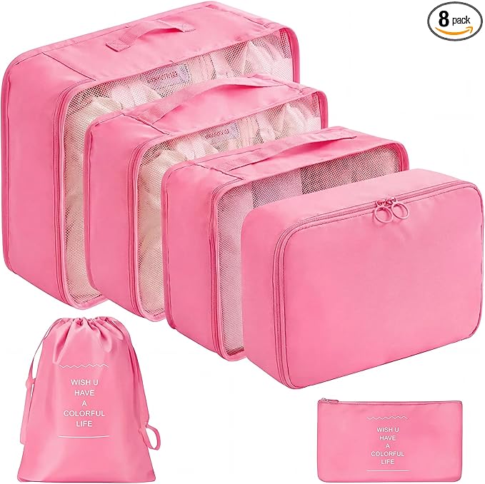 LANSKLBD 6/8 Set Packing Cubes for Suitcases Travel Luggage Packing Organizers,Travel Accessories Essentials Luggage Organizer with Shoe/Tioletry/Laundry Bag (Pink, 6 set) by LANSKLBD