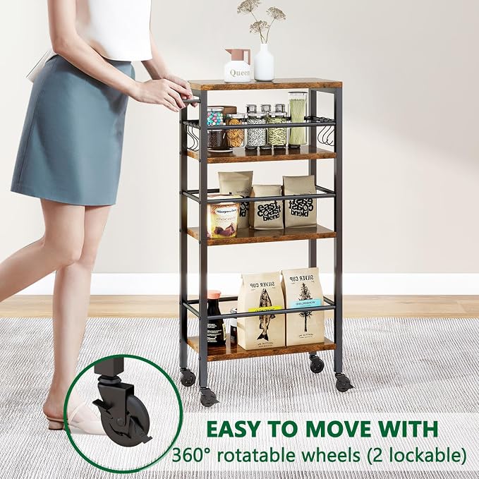 IBUYKE Slim Rolling Storage Cart, Kitchen Cart Utility Shelving UTMJ065H | 4-Tier, with Lockable Wheels,Handle&6 Hooks, 7.9" wide,for Kitchen, Laundry, Bathroom, Rustic Brown - Image 4