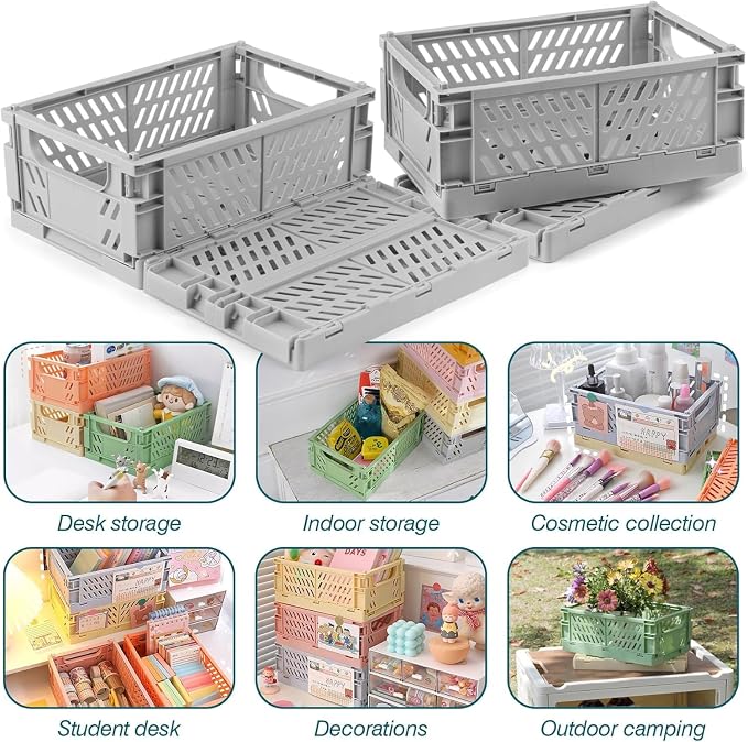 4 Pcs Collapsible Storage Crates, 10x5.9x4 inches Space-Saving Folding Containers, Stackable Plastic Boxes for Home Kitchen Office Bedroom Bathroom, Light Gray - Image 6