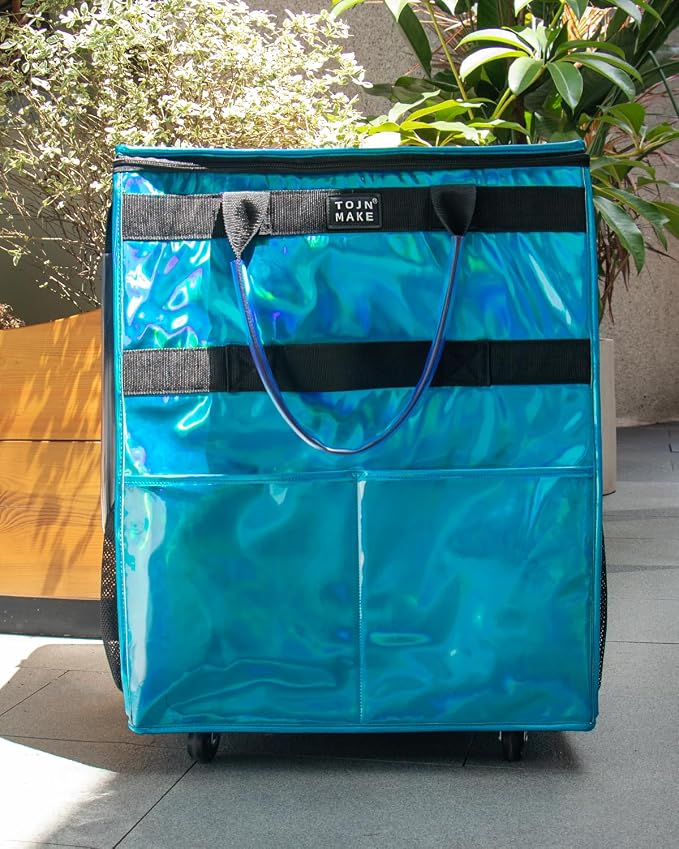 Reusable Grocery Bag with Wheels, Large Glitter Blue Rolling Tote | 8 Pockets, Zipper Cover, Foldable for Women, Kitchen, Travel, Carries Up to 76LBS - Image 6