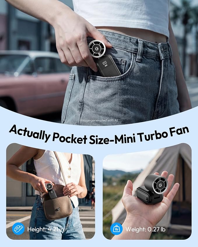 Gaiatop Portable Mini Fan Handheld, 3-in-1 Foldable Pocket Fan, Up to 15H | Personal Small Hand Fan, 6-Speed Turbo Cooling, USB Rechargeable, Outdoor Travel Essentials, Gifts for Women Men Teens, Black - Image 6