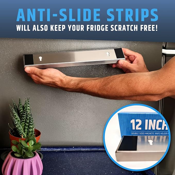 12" Premium Magnetic Knife Holder for Refrigerator (Double-Sided Heavy-Duty Magnets) - Upgraded Strip for Strong Fridge Mount - Clear Up Counter Space - 304 Anti-Rust Stainless Steel (Upgraded Design) - Image 6