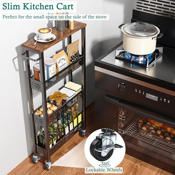 XYZLVSI Utility Slim Storage Cart on Wheels, 4 Tier Laundry Room Organizers | 5" W narrow shelf for small spaces, skinny rolling cart with wooden top and metal handle for kitchen/bathroom/Office/Dorm - Image 2