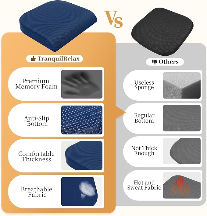 TranquilRelax 2XL Memory Foam Seat Cushion for Office Chair, 3.7-Inch, Blue | Medium-firm Support for Long Sitting, Washable Mesh Cover, Non-slip Base, Perfect for Car Seats & Short Drivers - Image 4