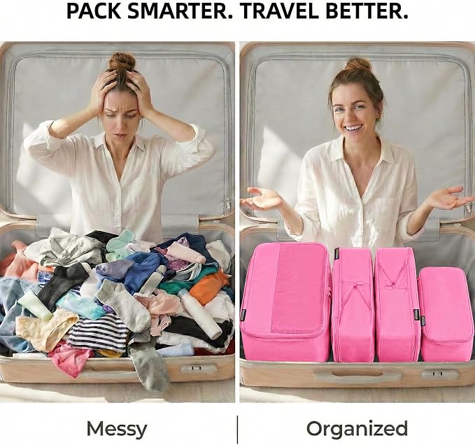4 Piece Compression Packing Cubes for 3–7 Day Travel, Space Saving Travel Organizers with Breathable Mesh, Double-Zipper Packing Cubes for Carry-On & Suitcases (Pink) - Image 4