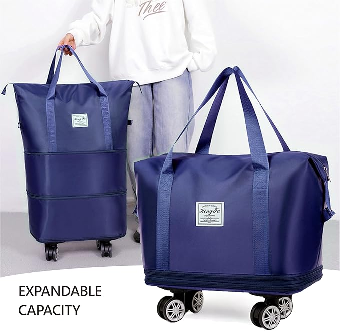 Expandable Foldable Duffel Bag with Detachable Rolling Wheels, Large Carry-On Luggage for Travel, Gym, Camping, Shopping, Business Trip (Blue) - Image 4