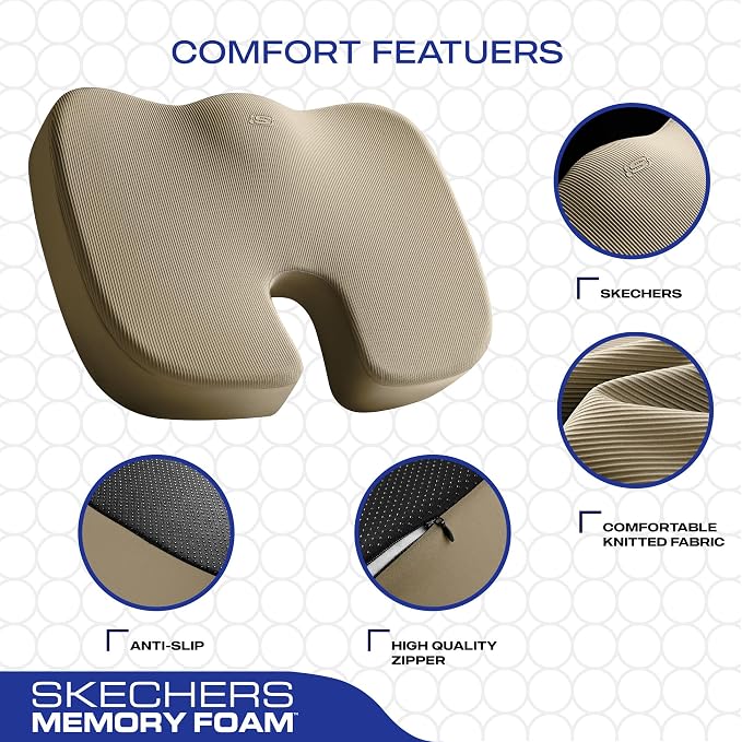Skechers Memory Foam Seat Cushion,Office Chair Cushion for Tailbone Pain Relief,Butt Pillow for Office Chair,Car seat Cushion,Computer Desk,Long Sitting Office Workers,and Car Drivers,Beige - Image 3